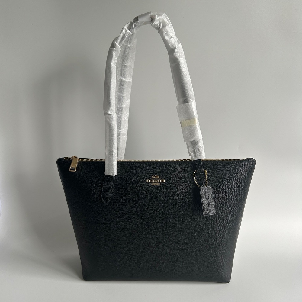 Coach Zip Top Tote Black Crossgrain Leather Bag NEW